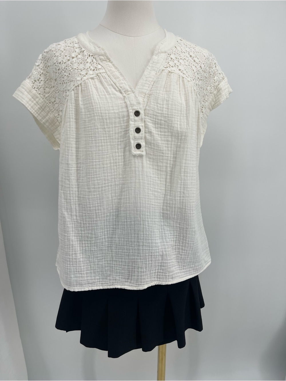 Frye Crochet Yoke Gauze Henley Top Coastal Grandma Cottagecore Coquette Western